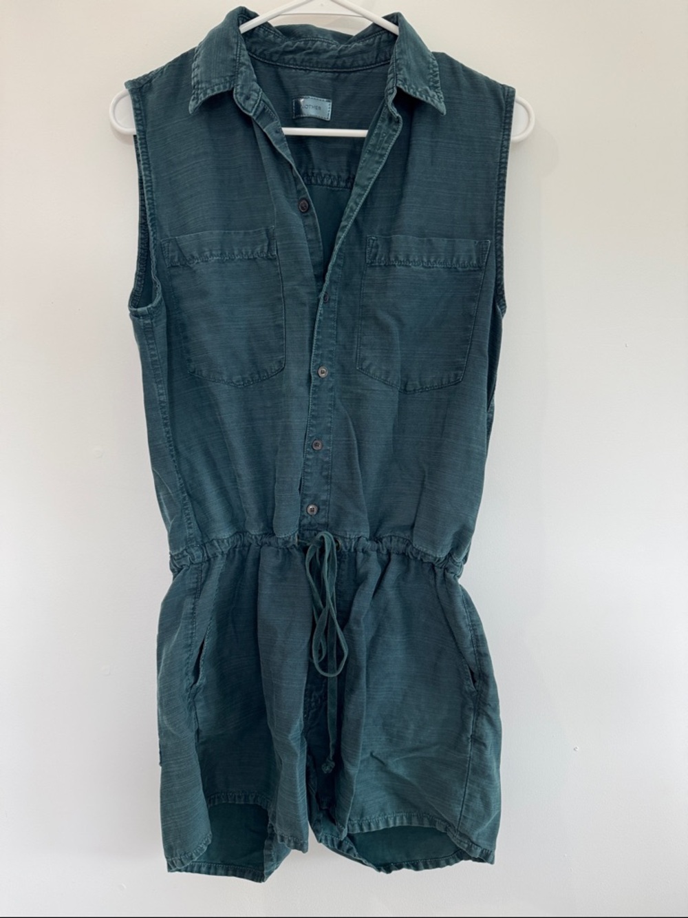 MOTHER Sleeveless Button-Front Romper in Teal Green